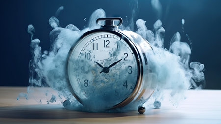 Alarm clock in smoke on wooden table and dark blue background.の素材