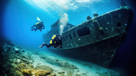Scuba divers exploring an old shipwreck in the Red Sea.の素材