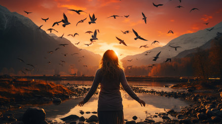 Young woman in the mountains at sunset with a flock of flying birdsの素材