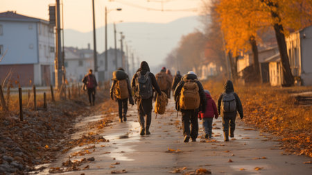 Group of children walking on the street in autumn. Back view.の素材
