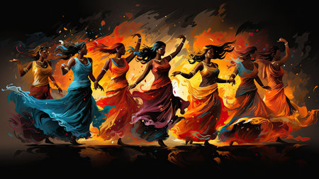 Indian dance on fire background. India Festival of Colors. Vector illustrationの素材