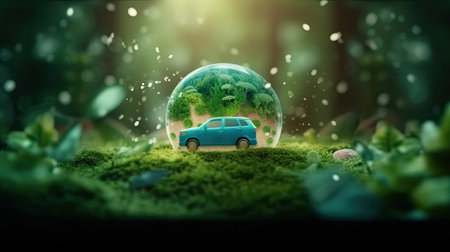 Transparent glass globe with car inside on green moss. 3D renderingの素材