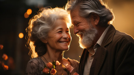 Happy senior couple with bouquet of flowers in cafe, closeupの素材