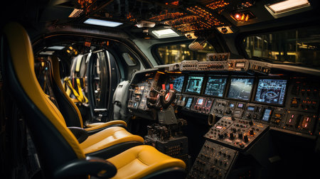 cockpit of a small plane in the dark, close-upの素材