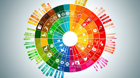 Colorful circle with different icons on grey background. Vector illustration.の素材