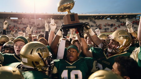 Group of american football players with trophy at the stadium.の素材