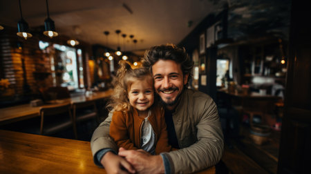 Father and daughter sitting in a cafe. Dad and daughter are smiling.の素材