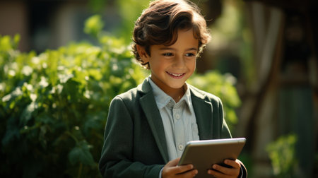 Portrait of a smiling boy with tablet in the vineyard.の素材