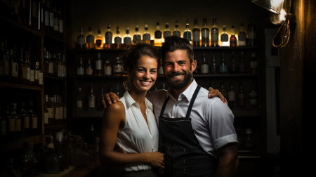 Portrait of a man and a woman working as a bartender in a nightclubの素材