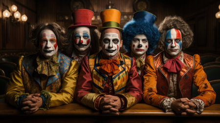 Group of clowns sitting at a table in a dark room.の素材