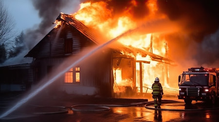 Firefighters fighting a fire in a house. Firefighters fighting a fire.の素材