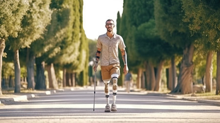 Injured man with crutches walking on the road in the parkの素材