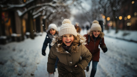 Group of friends having fun in the snow. They are looking at camera and smiling.の素材