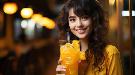 Beautiful asian woman drinking orange juice in cafe, closeupの素材