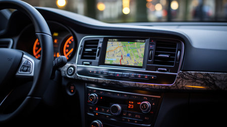 Modern car interior with gps navigation system. Close up view.の素材