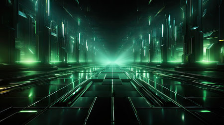 Futuristic corridor with glowing lights and reflections 3d rendering backgroundの素材