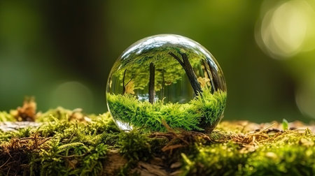Crystal ball with green forest and moss on the ground in the forestの素材