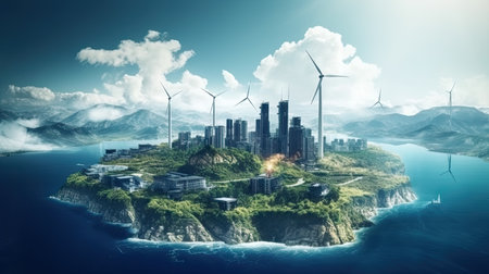 Eco city concept with wind turbines on island. 3D renderingの素材