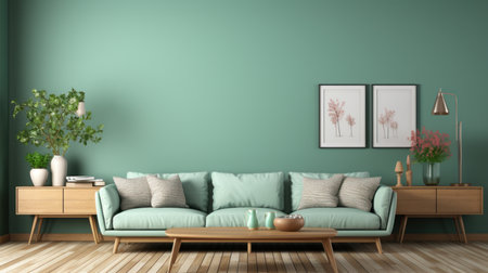 Interior of modern living room with green wall, sofa and coffee table - 3d renderingの素材