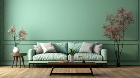 interior design modern bright room with green sofa 3d Illustrationの素材