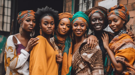 Group of african american women in traditional clothes posing outdoors.の素材