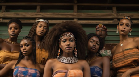 Group of african women in traditional clothes sitting on the ground.の素材