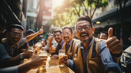 Group of friends drinking beer and having fun in the city. Group of asian men having fun together.の素材
