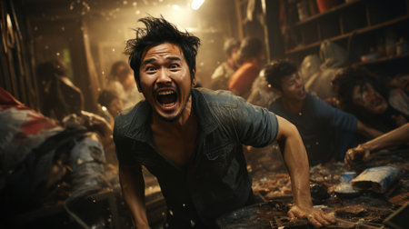 Portrait of a young Asian man screaming in a night club.の素材