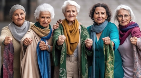 Group of senior women in scarf walking on street. Selective focus.の素材