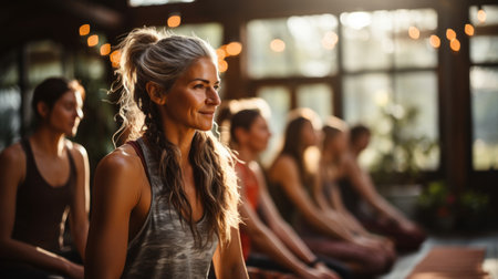 Portrait of smiling woman sitting in lotus pose during yoga classの素材