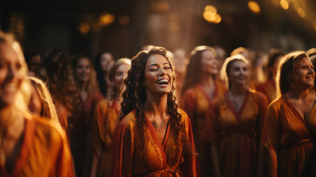 Group of young beautiful women walking in the street. They are laughing.の素材