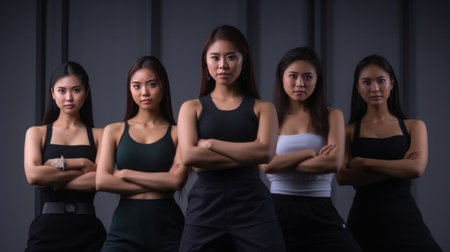 Group of sporty asian women in sportswear posing in studio.の素材