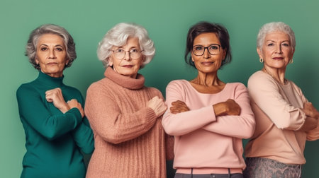 Group of senior women standing together and looking at camera on green backgroundの素材