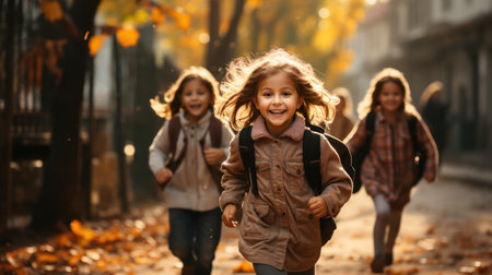 Little girl running in the autumn park with her mother and brother.の素材