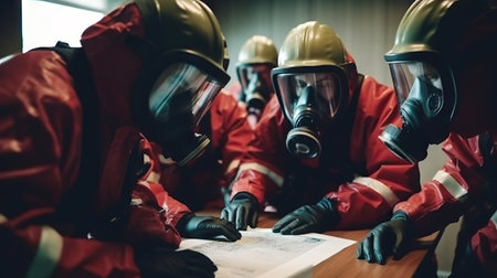 Firefighters in protective suits and helmets are looking at the results of the training.の素材