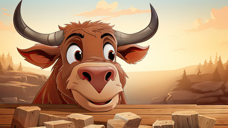 Illustration of a bull at the entrance to the forest at sunsetの素材