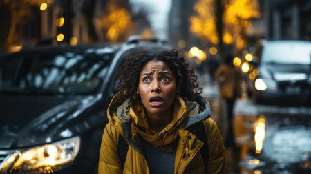 Shocked and worried african american woman looking at damaged car hit from behind after traffic accident.の素材