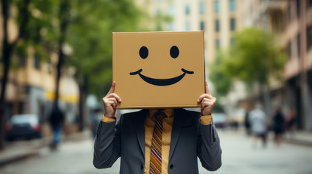 Businessman with a cardboard box on his head with smiley face.の素材