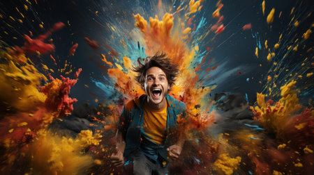 Excited young man in colorful paint splashes on background.の素材