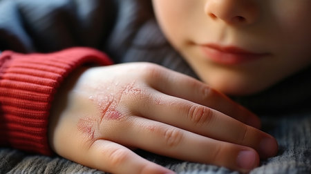 Little boy with allergy rash on hand, closeup. Health care concept.の素材