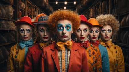 Portrait of a group of clowns in an old warehouse.の素材