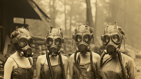 Group of people in gas masks in the forest. Toned.の素材