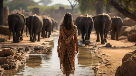 Beautiful young woman standing in a waterhole with elephants in the backgroundの素材