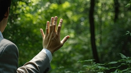 Businessman in a suit shows stop gesture with his hands in the forestの素材