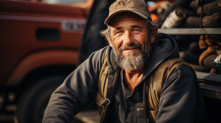 An old man with gray hair and a gray beard, wearing a cap and working overalls, is sitting in front of an old truck.の素材