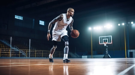 African american man playing basketball on court at night. Sport and healthy lifestyle conceptの素材
