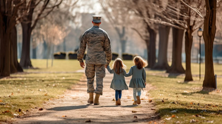 Father and daughter walking in the park. Father's day concept.の素材