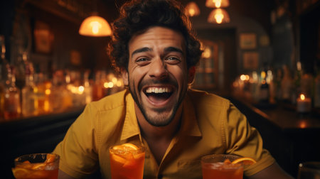 Cheerful young man drinking cocktail at bar counter in night clubの素材