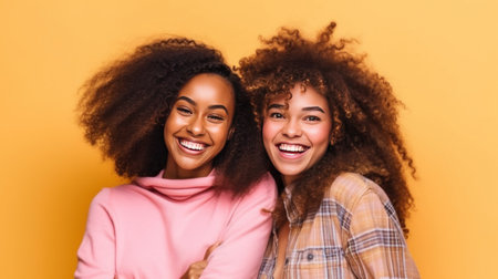 Portrait of two african american women smiling at camera isolated on yellowの素材