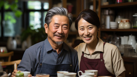 Portrait of asian senior couple drinking coffee in the coffee shopの素材